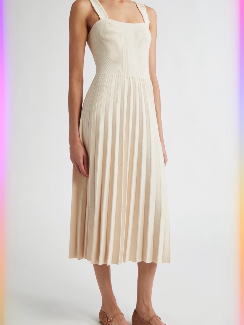 Jason Wu Collection - Mixed Stitch Cream Pleated Tank Midi Dress LARGE